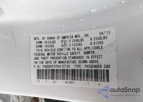 2015 Honda Accord Lx z USA, uszkodzony, nr VIN 1HGCR2F37FA172739